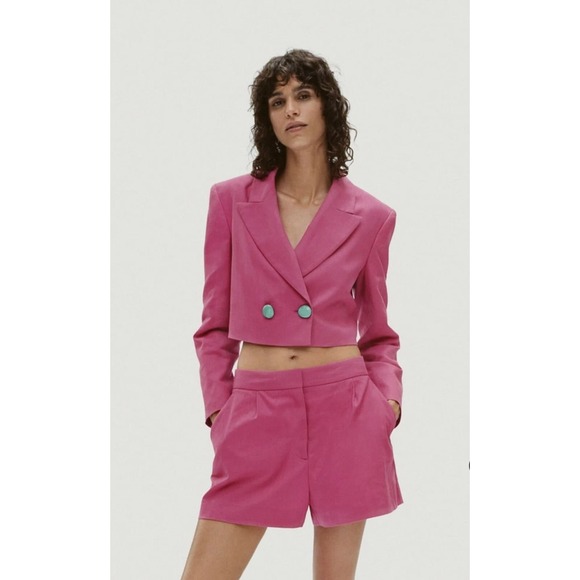 ZARA Woman Blazer Linen Blend Double-Breaste Cropped Pink Magenta Size L E121862 - Picture 12 of 12
